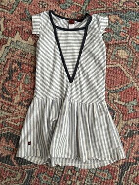 Tea Collection Blue & White Striped Girls Drop Waist Dress with Navy Trim